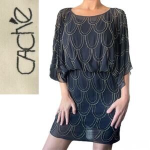 Vintage Cache Navy Blue Fully Silver Beaded Mini Dress | Size 0 | Like New